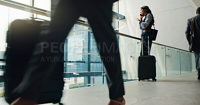 Buy stock photo Business woman, phone call and travel with suitcase for communication, discussion or flight delay. Female person, traveler or talking with mobile smartphone for conversation, app or chat at airport