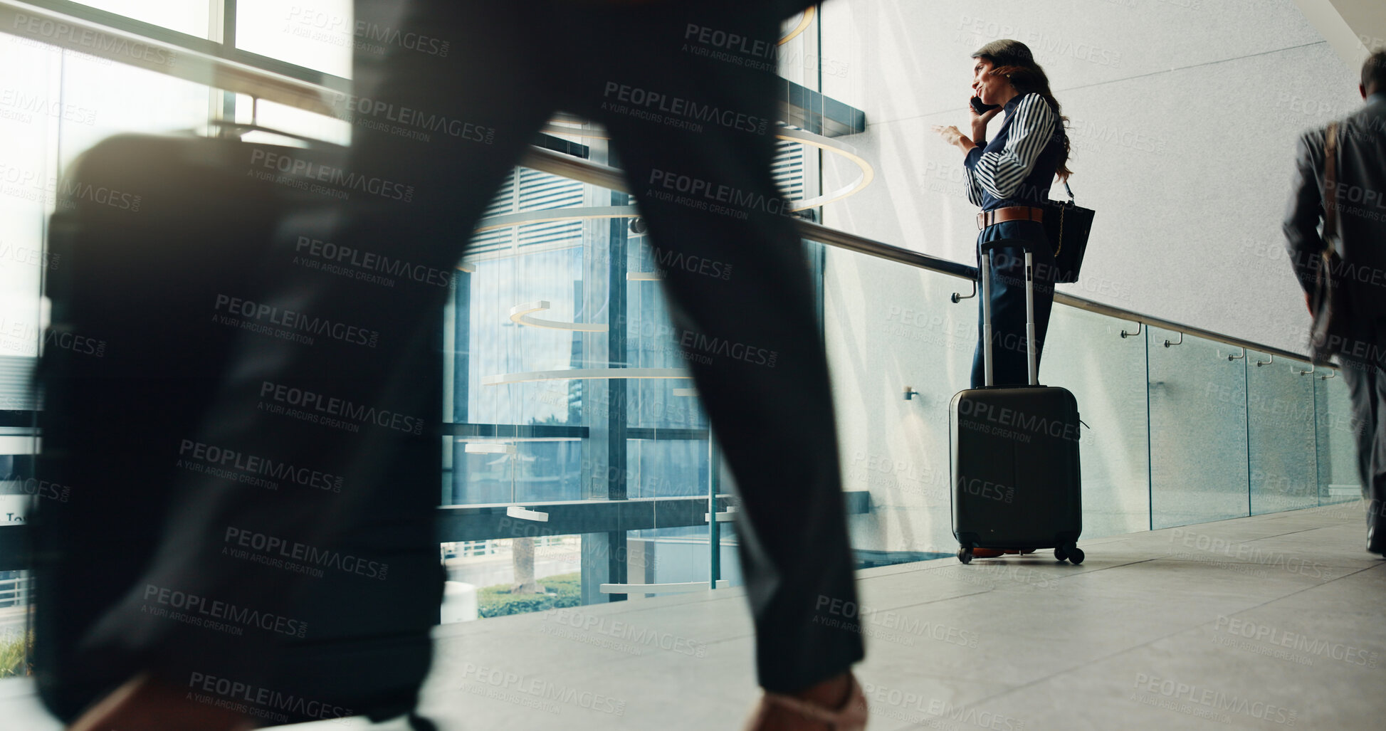 Buy stock photo Business woman, phone call and travel with suitcase for communication, discussion or flight delay. Female person, traveler or talking with mobile smartphone for conversation, app or chat at airport