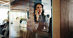 Talking, booth and businesswoman with phone call for networking, asset management and financial advice. Portfolio manager, laptop and negotiation in cubicle for investment, deal or private equity