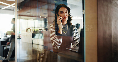 Buy stock photo Talking, booth and businesswoman with phone call for networking, asset management and financial advice. Portfolio manager, laptop and negotiation in cubicle for investment, deal or private equity