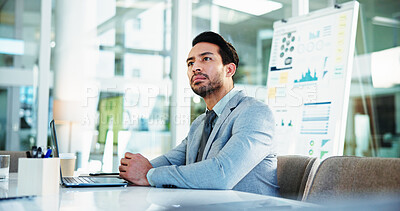 Buy stock photo Man, thinking and finance at office with laptop for insight, solution and decision for review at company. Person, charts and perspective by board, problem solving and audit at accounting agency