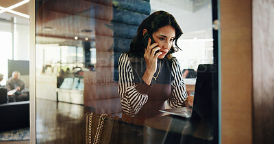 Buy stock photo Feedback, laptop and phone call with business woman in office pod for communication or update. Computer, conversation and planning with mature employee in cubicle for accounting or hybrid work