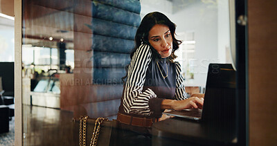 Buy stock photo Laptop, phone call and typing with business woman in office pod for communication or update. Computer, conversation and strategy with mature employee in cubicle for accounting or hybrid work