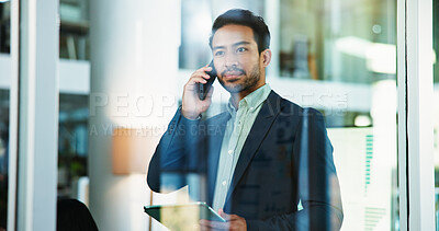 Buy stock photo Phone call, thinking and businessman with tablet for accounting, economy update or finance report in office. Talk, reflection or financial advisor with advice for portfolio, research or investment