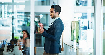 Buy stock photo Scroll, thinking and businessman with tablet for accounting, economy update or finance report in office. Typing, online and financial advisor with advice for portfolio, research graphs or investment