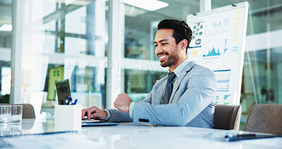Buy stock photo Office, businessman and smile with laptop for accountant, auditing and online for investment research. Career, male person and financial consultant with tech for finance agency, information or review