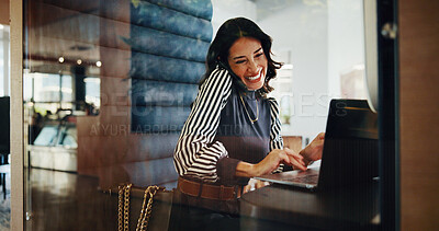 Buy stock photo Laptop, cubicle or happy businesswoman with phone call for feedback, asset management and financial advice. Portfolio manager, excited and negotiation in booth for investment, deal or private equity