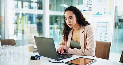 Buy stock photo Business, woman or research on laptop in office for account management, reading finance report or information. Professional, accountant or employee scroll online for tax audit, policy update or email