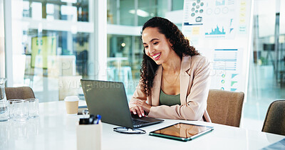 Buy stock photo Office, businesswoman and smile with laptop for accountant, auditing and online for investment research. Career, person and financial consultant with tech for finance agency, information and review