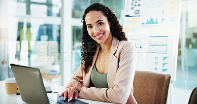 Buy stock photo Office, businesswoman and portrait with laptop for accountant, auditing and online for investment research. Career, person and financial consultant with tech for finance agency, information or review