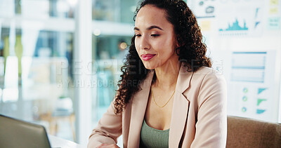Buy stock photo Office, businesswoman and reading with laptop for accountant, auditing and online for investment research. Career, person and financial consultant with tech for finance agency, information and review