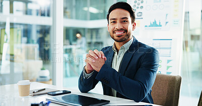 Buy stock photo Man, smile and portrait at office for finance, report and pride with charts, career and confident at agency. Person, happy and board in workplace for review, graphs and stats for revenue in Mexico