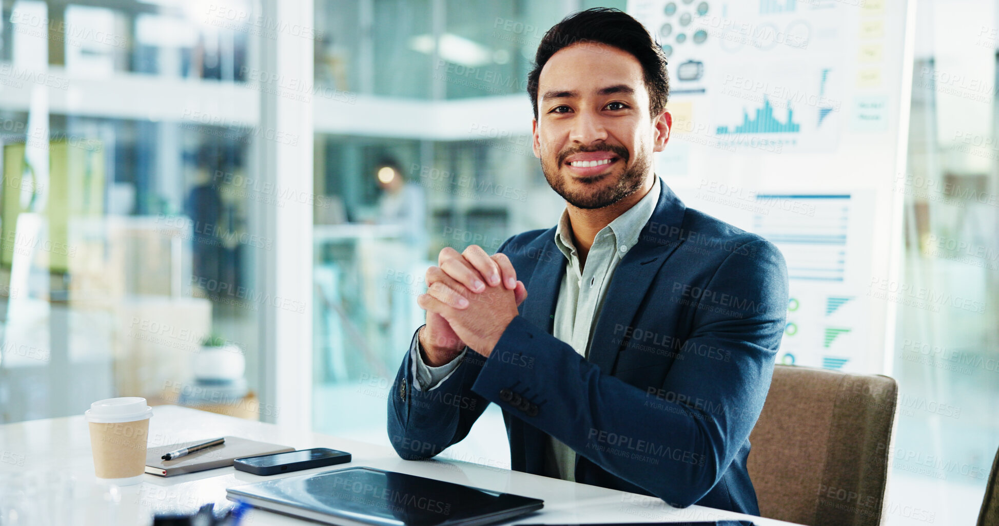 Buy stock photo Man, smile and portrait at office for finance, report and pride with charts, career and confident at agency. Person, happy and board in workplace for review, graphs and stats for revenue in Mexico
