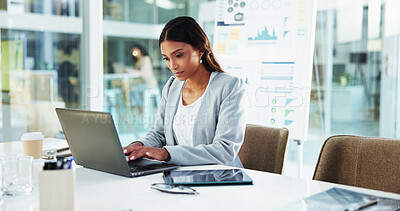 Buy stock photo Business, woman and typing on laptop at desk for account management, finance report and budget proposal. Reading, accountant and technology for tax compliance, investment project and auditing review