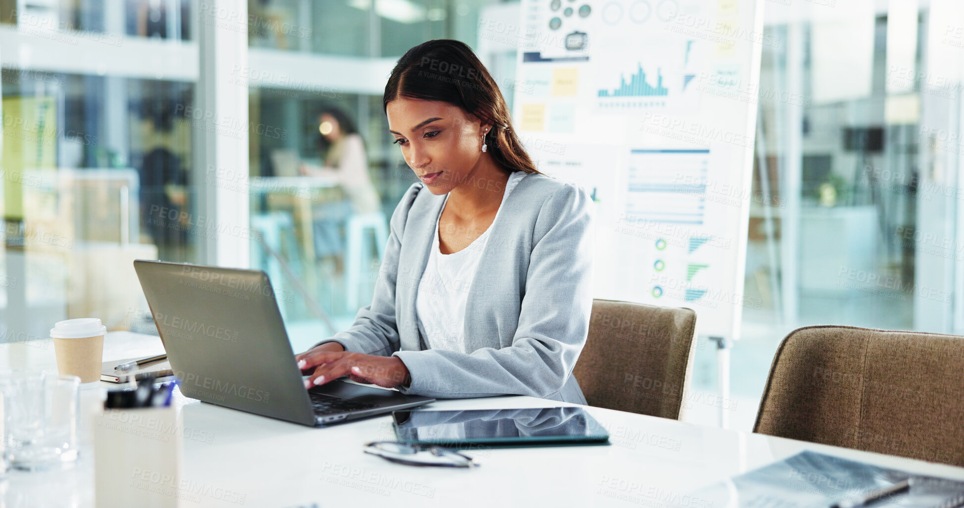 Buy stock photo Business, woman and typing on laptop at desk for account management, finance report and budget proposal. Reading, accountant and technology for tax compliance, investment project and auditing review