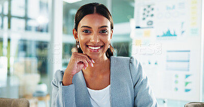 Buy stock photo Office, businesswoman and smile in portrait for accountant, professional career or about us with pride. Workplace, female person or financial consultant with happiness for finance agency or corporate