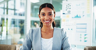 Buy stock photo Portrait, business and woman in office, smile and confidence with social media expert. Pride, person and employee in workplace, specialist for subscription and PR consultant with stats for growth