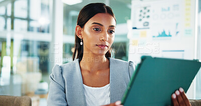 Buy stock photo Reading, thinking and business woman with tablet for accounting, economy update or finance report in office. Scroll, online and financial advisor with portfolio advice, research graphs or investment