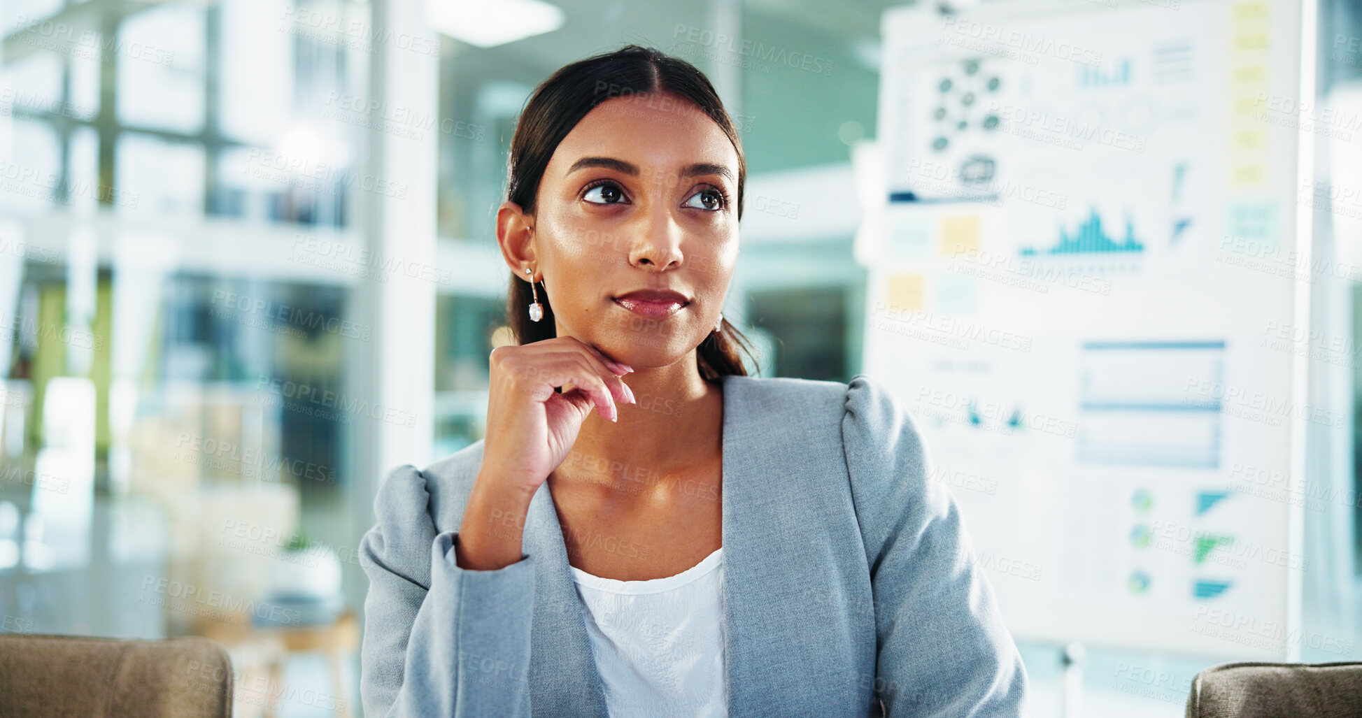 Buy stock photo Woman, thinking and finance at office with smile for insight, solution and decision for review at company. Person, charts and perspective by board, problem solving and choice at accounting agency