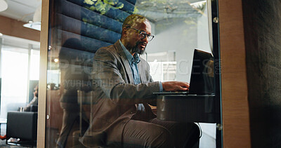 Buy stock photo Businessman, laptop and thinking in office for communication, planning and privacy cubicle. Hybrid work, networking and technology with employee in pod for mobile negotiation, research or update