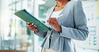 Buy stock photo Hands, reading and business woman with tablet for accounting, economy update or finance report in office. Thinking, pen and financial advisor with portfolio advice, research graphs or investment