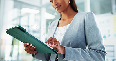 Buy stock photo Hands, thinking and business woman with tablet for accounting, economy update or finance report in office. Reading, smile and financial advisor with portfolio advice, research graphs or investment