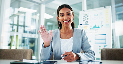 Buy stock photo Portrait, business woman and waving in video call for financial update on analysis in office. Smile, worker and greeting in virtual meeting in online conference for investment webinar, pov or talking