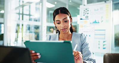 Buy stock photo Reading, thinking and business woman with tablet for accounting, economy update or finance report in office. Scroll, idea and financial advisor with portfolio advice, research graphs or investment