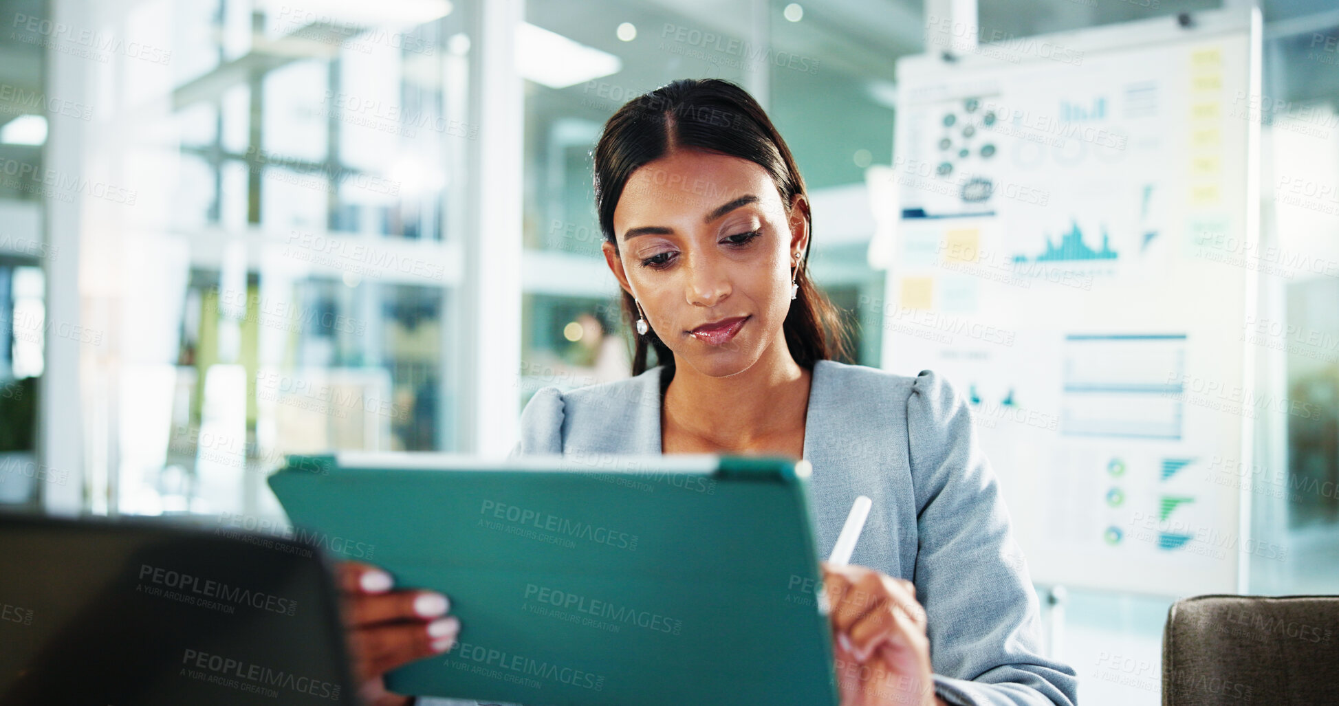 Buy stock photo Reading, thinking and business woman with tablet for accounting, economy update or finance report in office. Scroll, idea and financial advisor with portfolio advice, research graphs or investment