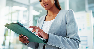 Buy stock photo Hands, typing and business woman with tablet for accounting, economy update or finance report in office. Scroll, idea and financial advisor with portfolio advice, research graphs or investment