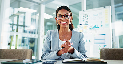 Buy stock photo Portrait, business and woman with video call in office for financial update, data analysis and tips. Smile, person and online for virtual meeting, corporate webinar and investment chat of negotiation