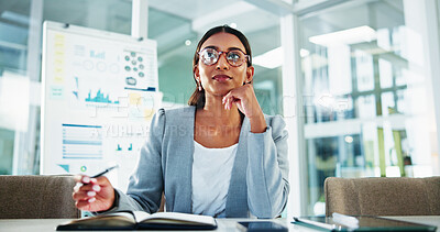 Buy stock photo Thinking, business and woman with video call in office for financial update, data analysis and tips. Smile, person and online for virtual meeting, corporate webinar and investment chat of negotiation