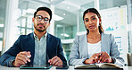 Portrait, business and people with video call in office for financial update, data analysis and tips. Staff, team and online for virtual meeting, corporate webinar and investment chat for negotiation