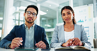 Buy stock photo Portrait, business and people with video call in office for financial update, data analysis and tips. Staff, teamwork and pov for virtual meeting, corporate webinar and investment chat of negotiation