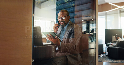 Buy stock photo Phone call, smile and tablet with business black man in pod for communication or update. App, conversation and laptop with mature African employee in hotel cubicle for accounting or hybrid work