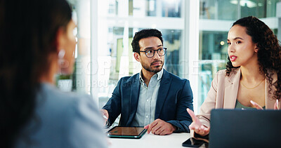 Buy stock photo Discussion, meeting and business people with talk in interview for recruitment, deal or welcome. Communication, laptop and human resources employees with worker for onboarding, agreement or promotion