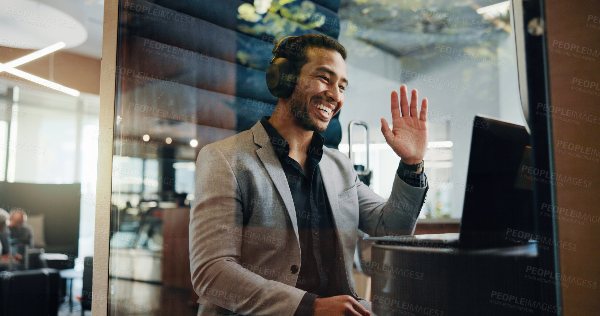 Buy stock photo Businessman, laptop and wave in office for video call, planning and privacy cubicle. Hybrid work, online seminar and technology with employee in pod for negotiation, research or project update