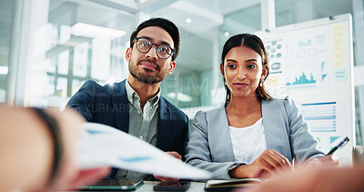 Buy stock photo Business, hands and people with document in meeting for budget forecasting, finance projection or collaboration. Financial analyst, presentation and stats report for timeline review and data analysis