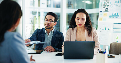 Buy stock photo Business, laptop and people with document in meeting for budget projection, forecasting or finance presentation. Financial analyst, teamwork and data report for timeline review and cash flow analysis