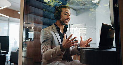 Buy stock photo Businessman, laptop and talk in office for video call, planning and privacy cubicle. Hybrid work, online seminar and technology with employee in pod for mobile negotiation, research or project update