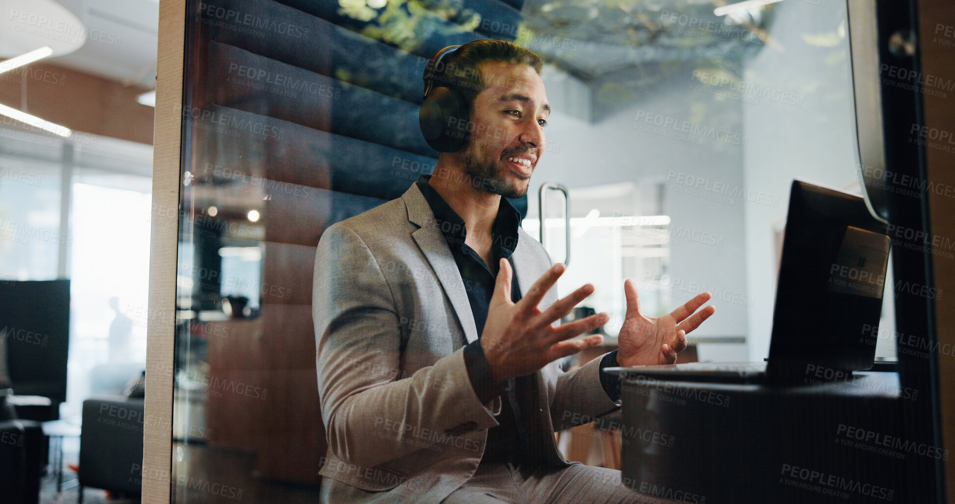 Buy stock photo Businessman, laptop and talk in office for video call, planning and privacy cubicle. Hybrid work, online seminar and technology with employee in pod for mobile negotiation, research or project update