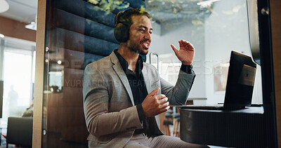 Buy stock photo Business, video call and man in cubicle, laptop and communication with global trade. Pod, employee and consultant in hotel, pc and explain proposal with feedback, investment and broker with privacy