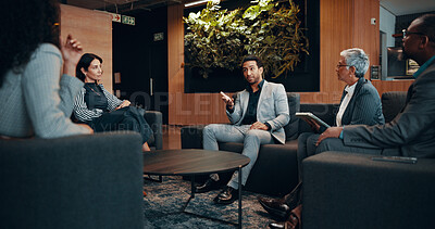 Buy stock photo Meeting, discussion and training with business people in lobby of office for planning or partnership. Coaching, collaboration and conversation with employee team in workplace for report or research