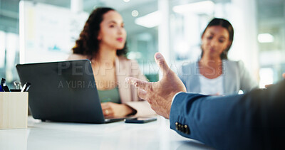 Buy stock photo Hands, meeting and business people with discussion in interview for recruitment, deal or welcome. Communication, laptop and human resources employees with worker onboarding, agreement or promotion