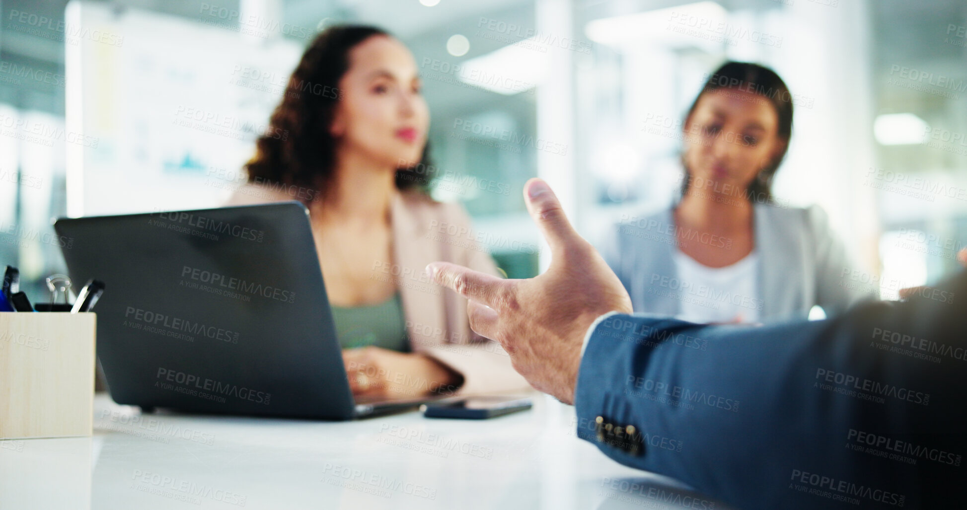 Buy stock photo Hands, meeting and business people with discussion in interview for recruitment, deal or welcome. Communication, laptop and human resources employees with worker onboarding, agreement or promotion
