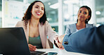 Shaking hands, meeting and business people with discussion in interview for recruitment, deal or welcome. Handshake, laptop and human resources employees for worker onboarding, agreement or promotion