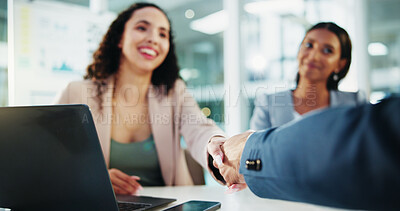 Buy stock photo Shaking hands, meeting and business people with discussion in interview for recruitment, deal or welcome. Handshake, laptop and human resources employees for worker onboarding, agreement or promotion