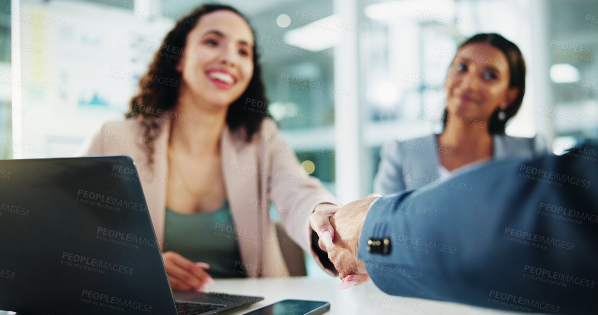 Buy stock photo Shaking hands, meeting and business people with discussion in interview for recruitment, deal or welcome. Handshake, laptop and human resources employees for worker onboarding, agreement or promotion