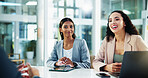 Discussion, meeting and business women with smile in interview for recruitment, deal or welcome. Communication, happy and human resources employee with worker man for onboarding, agreement or talk