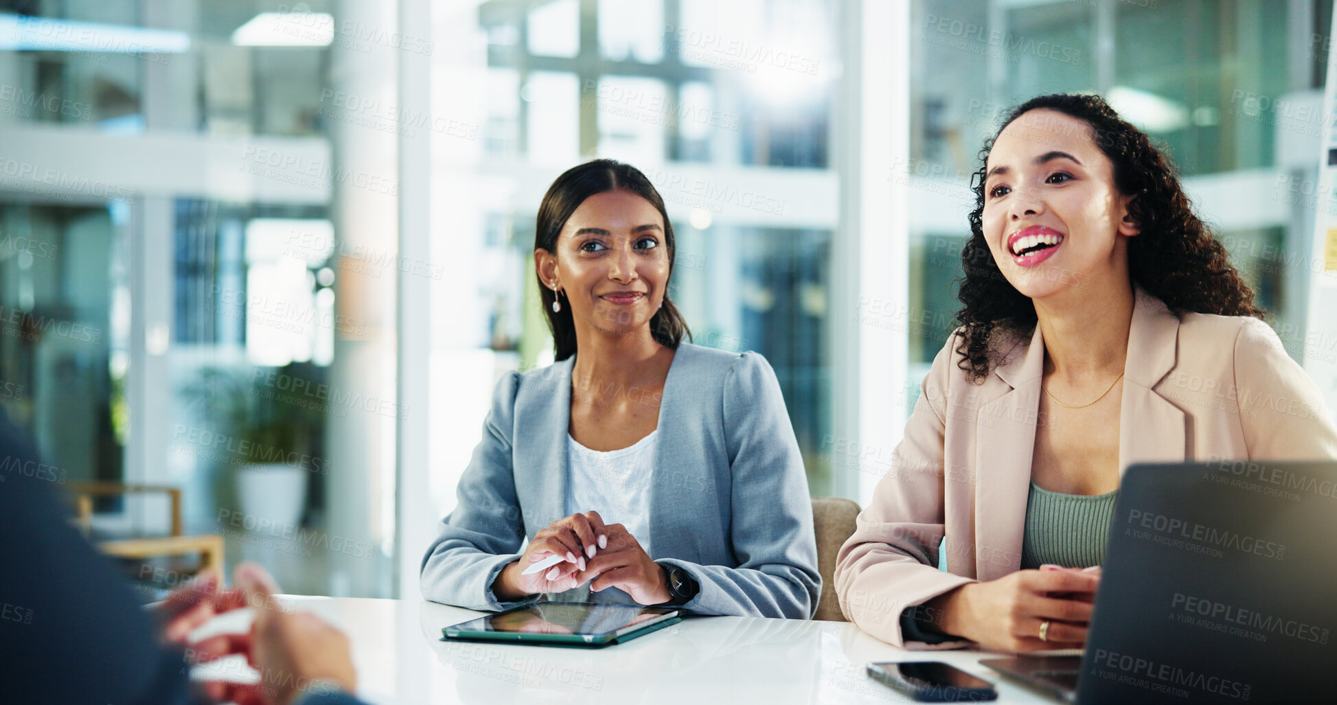 Buy stock photo Discussion, meeting and business women with smile in interview for recruitment, deal or welcome. Communication, happy and human resources employee with worker man for onboarding, agreement or talk
